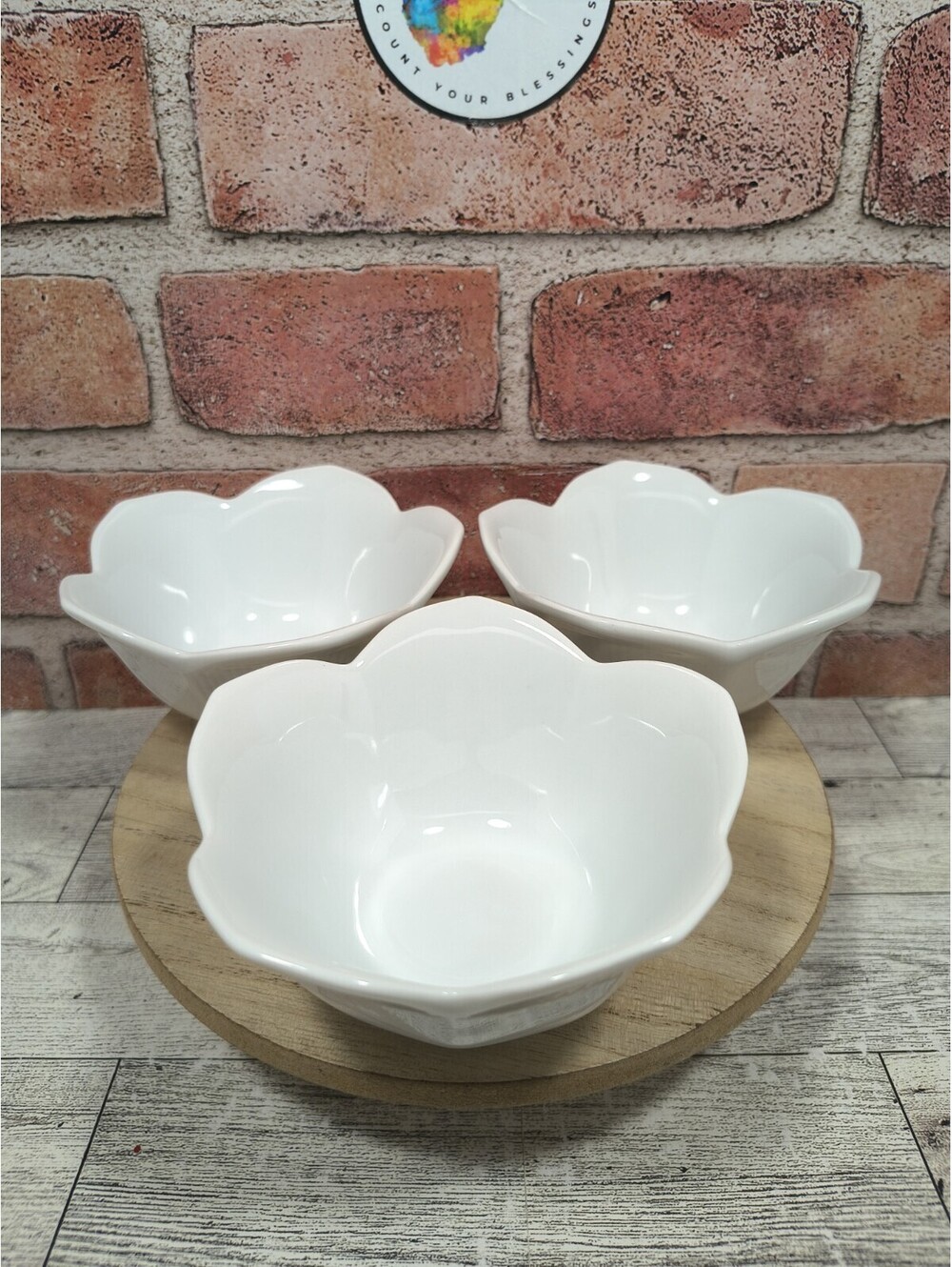 Pier 1 Imports Set Of 3 White Lotus Porcelain Rice All Purpose Bowls 4.5” X 2.5"
